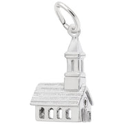The Rembrandt Charms Church Charm, crafted in sterling silver, is designed in the shape of a church with intricate details including a roof, windows, and steeple. It features a small ring at the top for easy attachment to bracelets or necklaces.