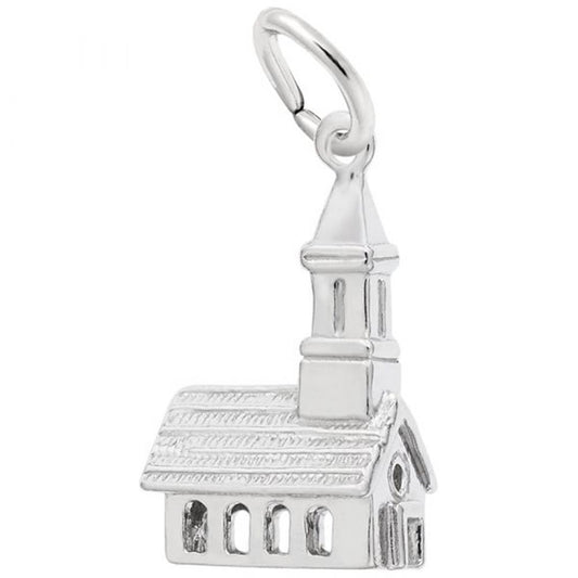 The Rembrandt Charms Church Charm, crafted in sterling silver, is designed in the shape of a church with intricate details including a roof, windows, and steeple. It features a small ring at the top for easy attachment to bracelets or necklaces.