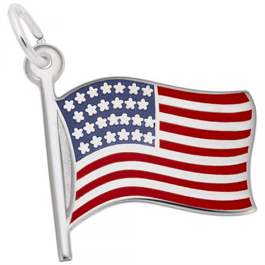 The Rembrandt Charms Painted American Flag Charm is a sterling silver charm designed in the shape of a waving American flag, with detailed red and white stripes and white stars on a blue field. It includes a small loop for easy attachment, adding a patriotic touch to any jewelry collection.