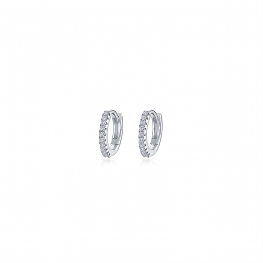 A pair of small, silver hoop earrings from Lafonn (ER CL S.S PT 0.20 CTW 11MM PAVE HUGGIES) with a row of small, sparkling gemstones on each. These elegant huggies are displayed against a plain white background.