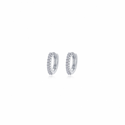 A pair of small, silver hoop earrings from Lafonn (ER CL S.S PT 0.20 CTW 11MM PAVE HUGGIES) with a row of small, sparkling gemstones on each. These elegant huggies are displayed against a plain white background.