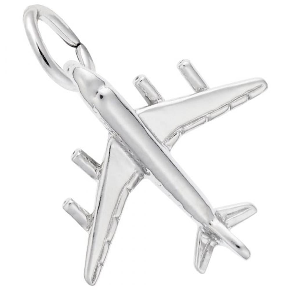 Sterling silver airplane charm by Rembrandt Charms, featuring detailed wings, engines, and tail, with a small loop for attachment.