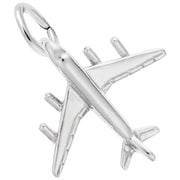 Sterling silver airplane charm by Rembrandt Charms, featuring detailed wings, engines, and tail, with a small loop for attachment.