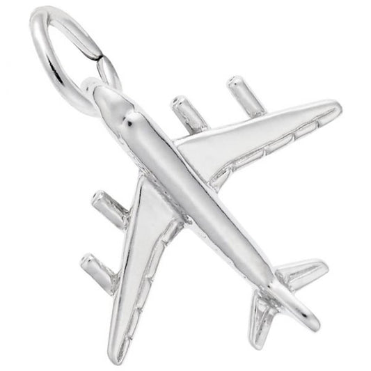 Sterling silver airplane charm by Rembrandt Charms, featuring detailed wings, engines, and tail, with a small loop for attachment.