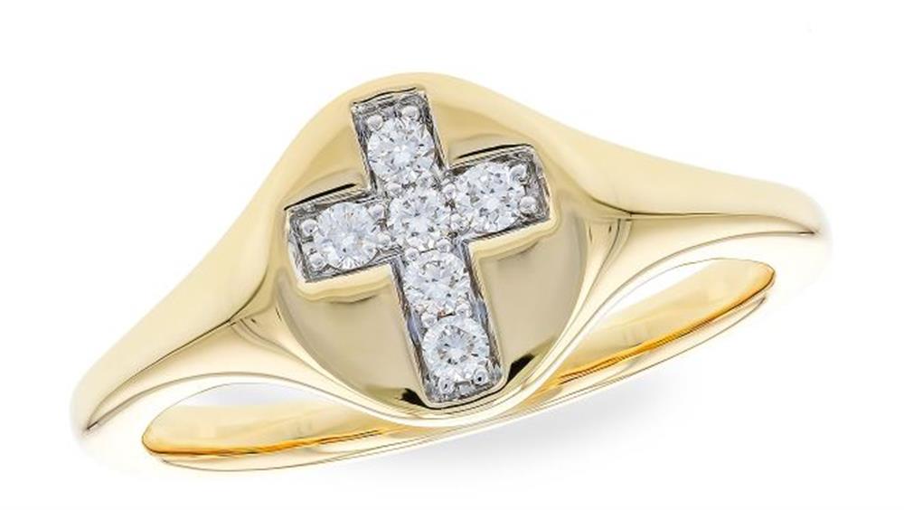The Diamonds 14k Yellow Gold Cross Ring by Allison Kaufman features a stunning diamond cross design on its front. The band is adorned with multiple sparkling diamonds and boasts a smooth, shiny finish that beautifully complements the intricate detailing of the cross.