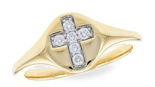 The Diamonds 14k Yellow Gold Cross Ring by Allison Kaufman features a stunning diamond cross design on its front. The band is adorned with multiple sparkling diamonds and boasts a smooth, shiny finish that beautifully complements the intricate detailing of the cross.