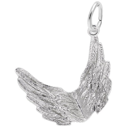 Rembrandt Charms' "Spread Your Wings Charm" in sterling silver is designed as intricately detailed angel wings, gracefully curved upward to form a partial crescent. This elegant charm includes a small ring at the top for easy attachment to a necklace or bracelet, serving as the perfect reminder to spread your wings and soar.