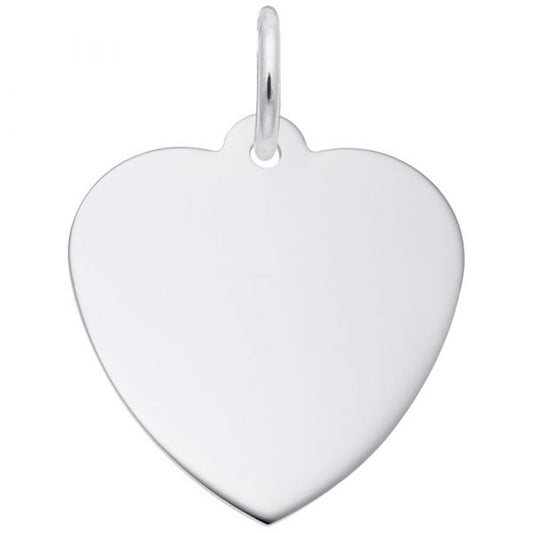 A close-up of the Small Classic Heart Charm by Rembrandt Charms, featuring a sterling silver, heart-shaped pendant with a smooth, reflective surface. This charming piece includes a small loop at the top for easy attachment to a chain or necklace. The background is plain white, emphasizing the pendant as the focal point of the image.