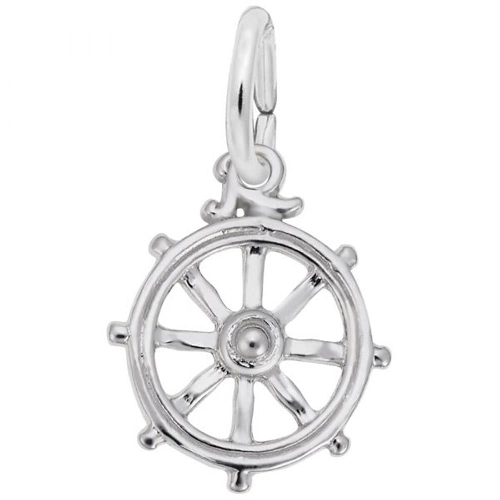The Rembrandt Charms Ship's Wheel Charm in sterling silver features a detailed design with eight spokes radiating from the central hub and a round loop at the top for attaching to a chain or bracelet.