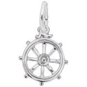 The Rembrandt Charms Ship's Wheel Charm in sterling silver features a detailed design with eight spokes radiating from the central hub and a round loop at the top for attaching to a chain or bracelet.