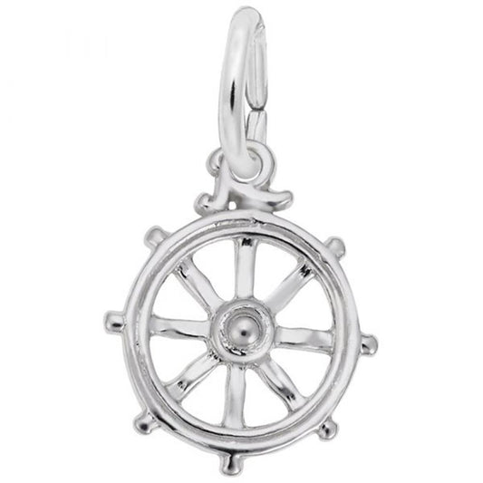 The Rembrandt Charms Ship's Wheel Charm in sterling silver features a detailed design with eight spokes radiating from the central hub and a round loop at the top for attaching to a chain or bracelet.