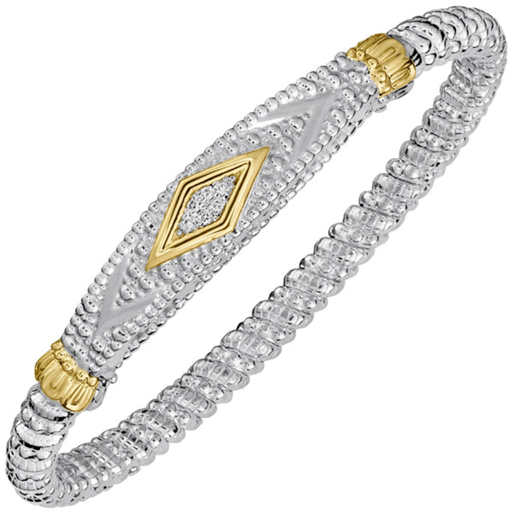 The 4mm Herringbone Diamond Statement Bangle by Alwand Vahan Jewelry features silver beading with gold accents and a diamond-shaped centerpiece. Its textured herringbone pattern and intricate details evoke the elegance of a statement bangle, making it a standout addition to your jewelry collection.