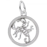 The Scorpio Charm by Rembrandt Charms is a sterling silver pendant that features an intricately detailed scorpion design encased within a circular, rope-like frame. Perfect for those embracing their Scorpio Zodiac sign, the handcrafted scorpion showcases its legs, pincers, and tail. This charm includes a small ring at the top for easy attachment to a chain or necklace.