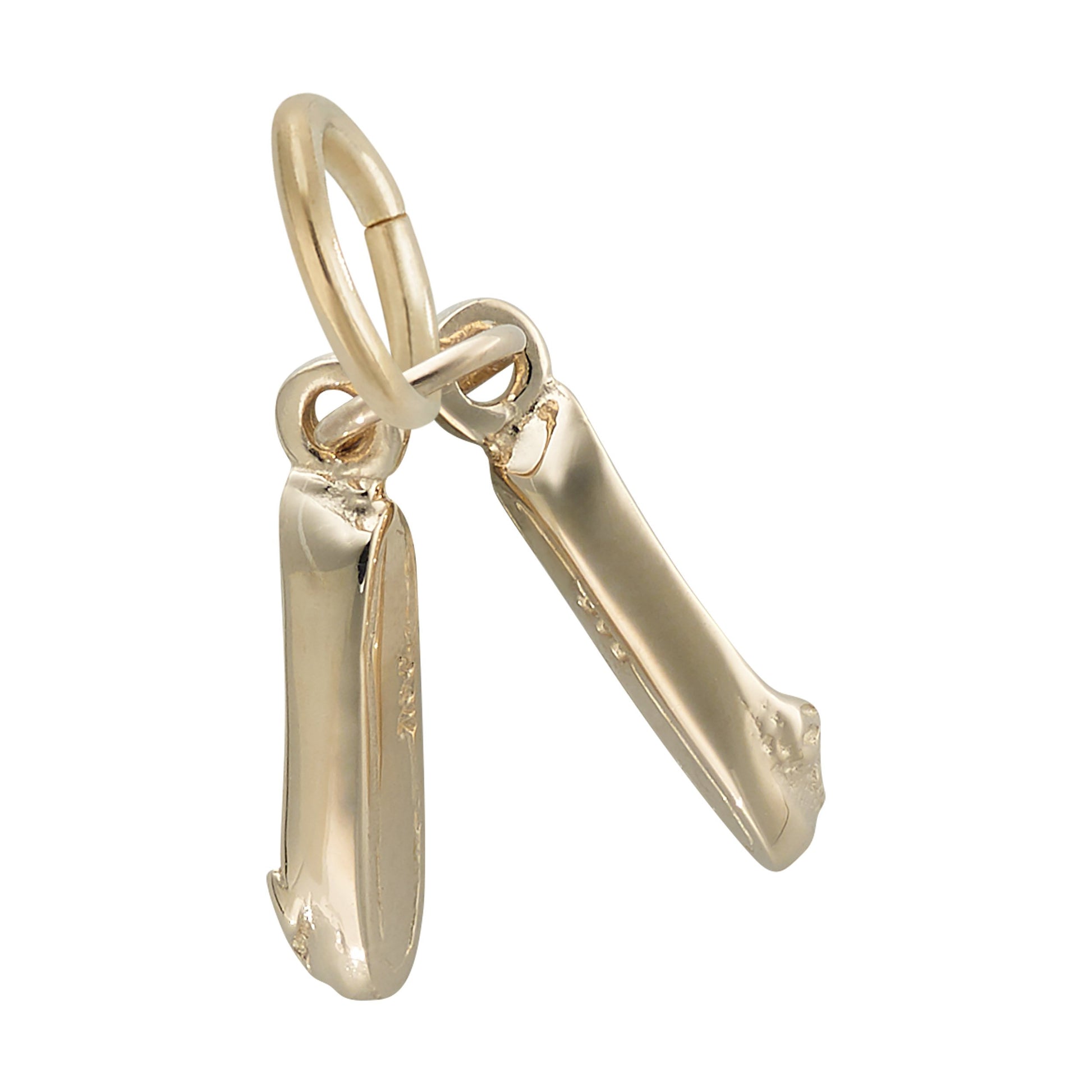 Introducing the Pair of Ballet Shoes Charm in gold plate from Rembrandt Charms—a delicate pendant featuring two ballet shoe charms hanging side by side from a circular loop, making an elegant dance gift that beautifully complements ballet slippers or other cherished keepsakes.