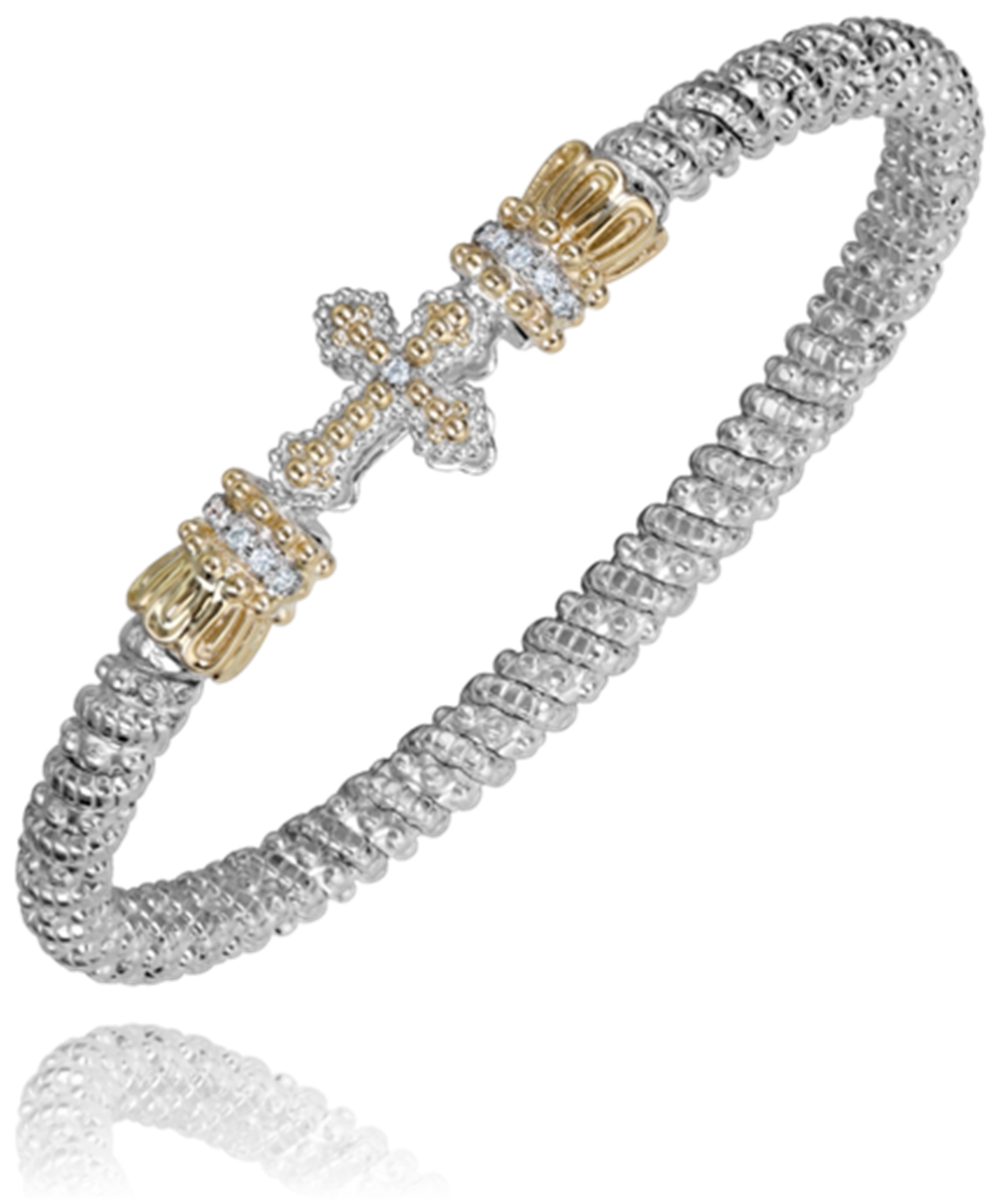 This Alwand Vahan Jewelry bracelet, crafted from sterling silver and 14k gold, boasts an intricate chain design. The centerpiece features a gold-toned cross adorned with small clear stones and bejeweled accents on either side. With a diamond weight of 0.08 carats and a band width of 4mm, this stunning piece sparkles elegantly.