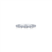 A Lafonn ring, SIZE 9, features rectangular gemstones encircling the silver band, beautifully displayed against a plain white backdrop.