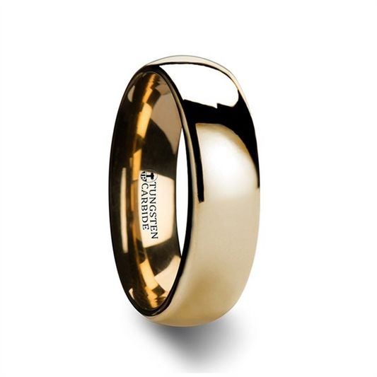 A polished 6mm ORO Gold-Plated Tungsten Carbide Wedding Ring by Thorsten with a smooth, rounded surface. The inside of the ring displays the inscription "TUNGSTEN CARBIDE." Available in size 9.5.