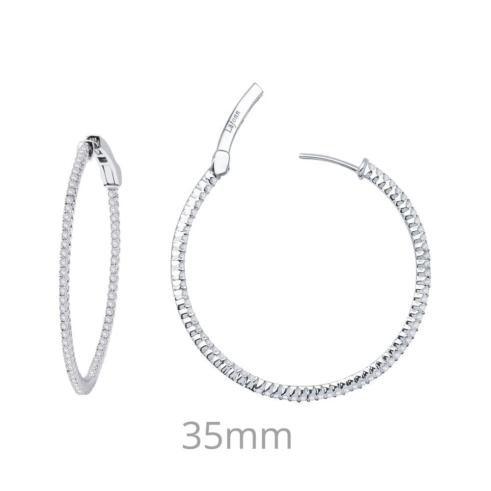 A pair of Lafonn 35 mm Hoop Earrings, crafted in silver and encrusted with small diamonds. One earring is shown closed while the other is open, highlighting its clasp mechanism. The text "35 mm" indicates the diameter of these elegant hoop earrings.