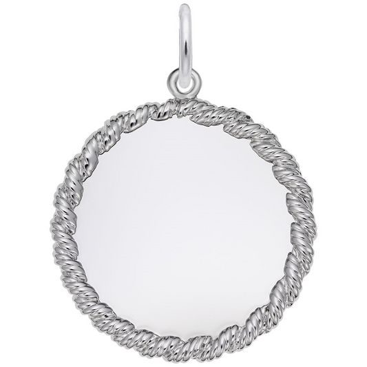 Rembrandt Charms offers a Medium Twisted Rope Disc Charm in Sterling Silver, characterized by its smooth, circular pendant and twisted rope-like border. It also features a small hoop at the top for easy attachment to a necklace or chain.