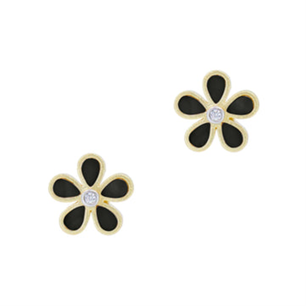 AHPYZOE40 Onyx Flower Studs by Freida Rothman feature gold edges, black petals, and a clear center gemstone on each stud, shown on a white background.