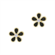 AHPYZOE40 Onyx Flower Studs by Freida Rothman feature gold edges, black petals, and a clear center gemstone on each stud, shown on a white background.