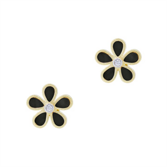AHPYZOE40 Onyx Flower Studs by Freida Rothman feature gold edges, black petals, and a clear center gemstone on each stud, shown on a white background.