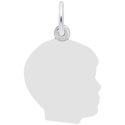 The Rembrandt Charms Engravable Boy Head Charm is a sterling silver pendant shaped like a boy’s side profile, with a top loop for attaching to a chain.