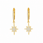 Freida Rothman YZEL020477B Leverback Starburst Earrings feature gold hoops with hanging eight-pointed star charms encrusted with white gemstones, shown on a plain white background.