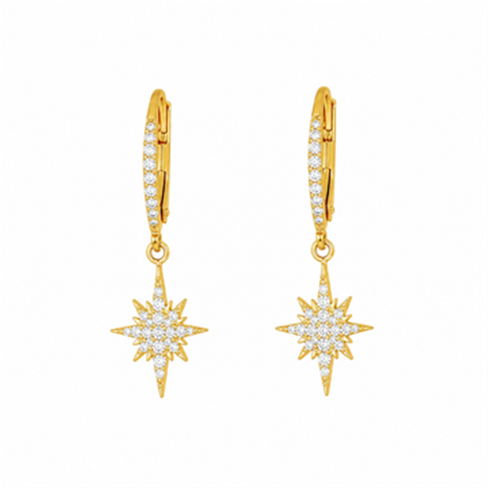 Freida Rothman YZEL020477B Leverback Starburst Earrings feature gold hoops with hanging eight-pointed star charms encrusted with white gemstones, shown on a plain white background.
