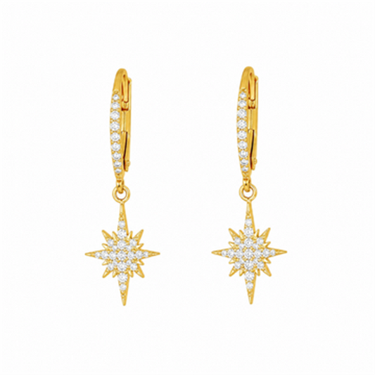 Freida Rothman YZEL020477B Leverback Starburst Earrings feature gold hoops with hanging eight-pointed star charms encrusted with white gemstones, shown on a plain white background.