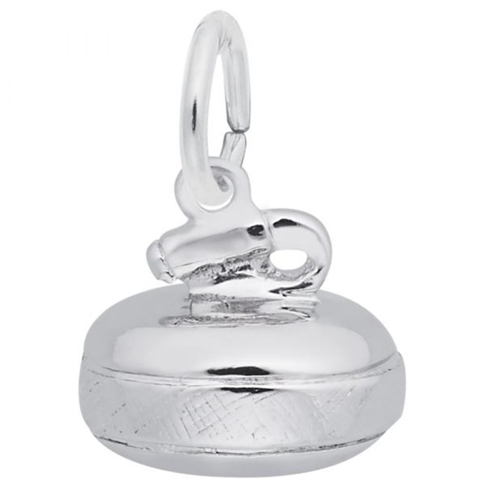 The Curling Stone Charm in Sterling Silver by Rembrandt Charms resembles a curling stone charm, featuring a textured band around the middle and a small loop for easy attachment, adding a touch of elegance to any jewelry collection.
