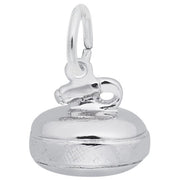 The Curling Stone Charm in Sterling Silver by Rembrandt Charms resembles a curling stone charm, featuring a textured band around the middle and a small loop for easy attachment, adding a touch of elegance to any jewelry collection.