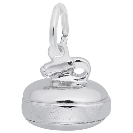 The Curling Stone Charm in Sterling Silver by Rembrandt Charms resembles a curling stone charm, featuring a textured band around the middle and a small loop for easy attachment, adding a touch of elegance to any jewelry collection.