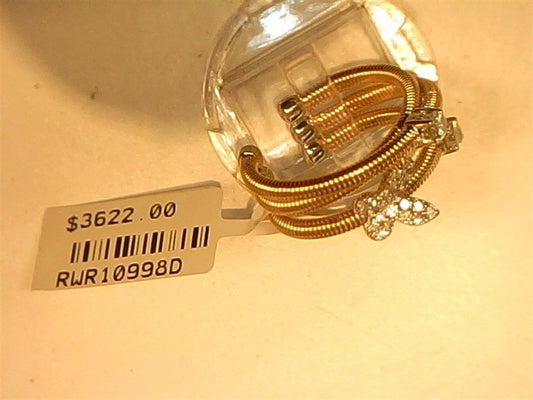 A beautiful Coil Diamond Butterfly ring by Ryan Gems, crafted in 14k white and rose gold (size 6.5), features a diamond-studded bow charm. Displayed on a clear stand, the tag reads $3622.00, code RWR10998D.