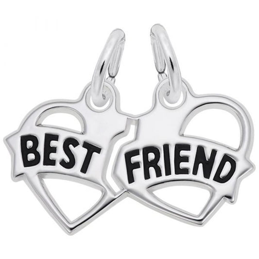The Best Friends Charm by Rembrandt Charms is a sterling silver split heart charm, with "BEST" engraved on the left half and "FRIEND" on the right half. Each charm has a loop for attaching to a necklace or bracelet. These charms are designed to fit together, forming a complete heart shape.