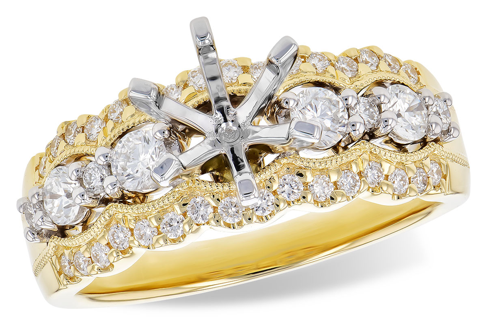 The L7828 by Allison Kaufman is a ladies’ 14K two-tone, three-row SEMI set engagement ring featuring an empty six-prong center setting, ready for your choice of main stone.