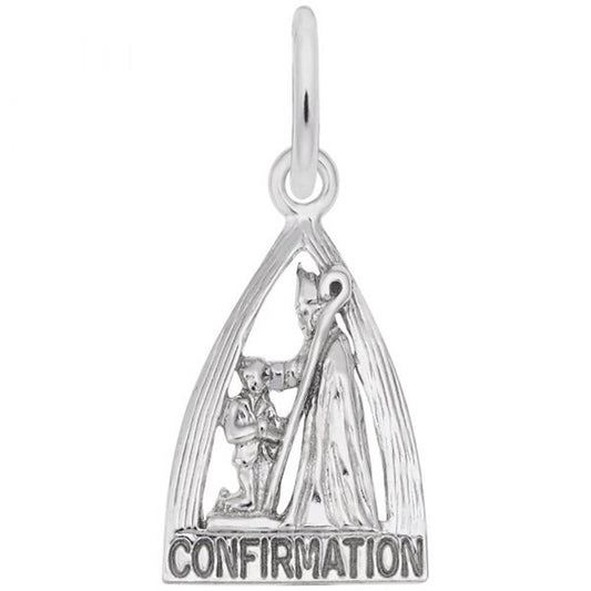 The Confirmation Charm in Sterling Silver from the Rembrandt Charms collection features a captivating triangular design, depicting a bishop with a tall staff blessing a kneeling child, elegantly inscribed with "Confirmation" at the base.