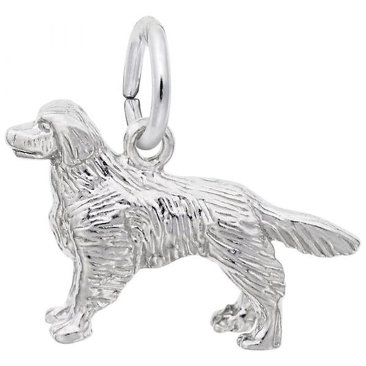 The Rembrandt Charms Small Golden Retriever Dog Sterling Silver Charm features a detailed representation of a Golden Retriever standing on all fours. The charm exquisitely captures the texture of the dog's fur and facial features, and includes a small loop at the top for easy attachment to a bracelet or necklace.