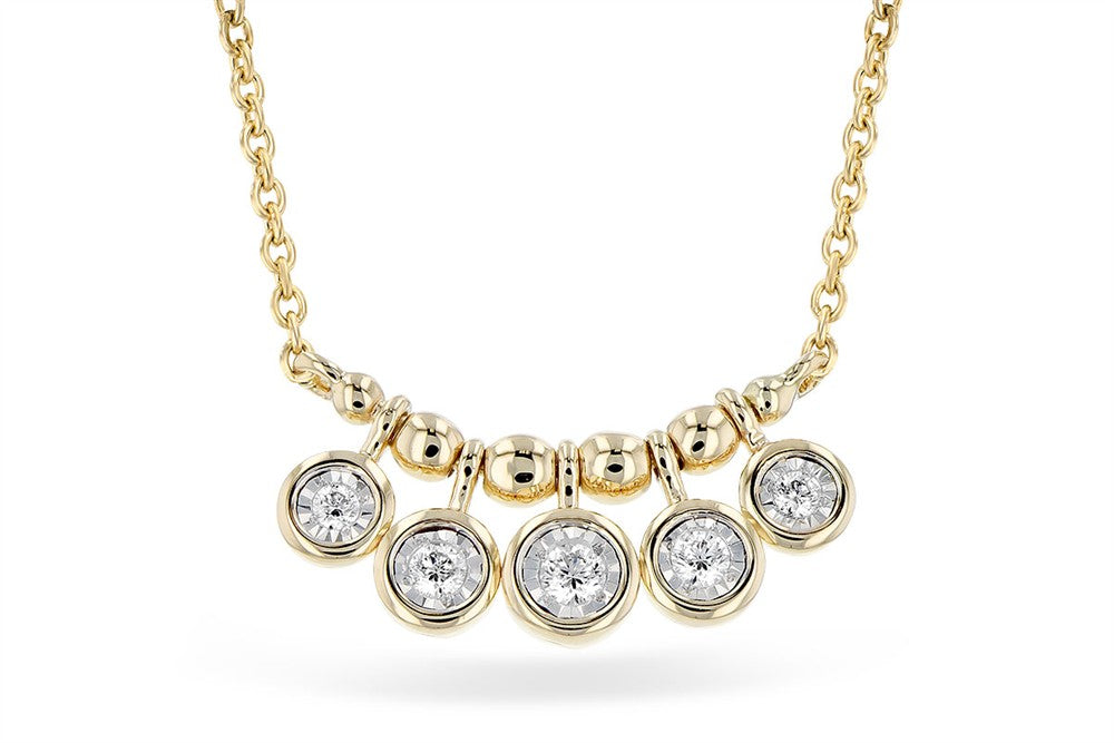 The Allison Kaufman 0.09 TW necklace features five round diamonds in gold bezels on a delicate chain, the center pendant slightly larger for elegance.