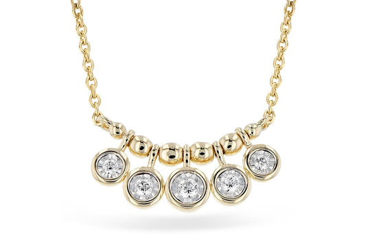 The Allison Kaufman 0.09 TW necklace features five round diamonds in gold bezels on a delicate chain, the center pendant slightly larger for elegance.
