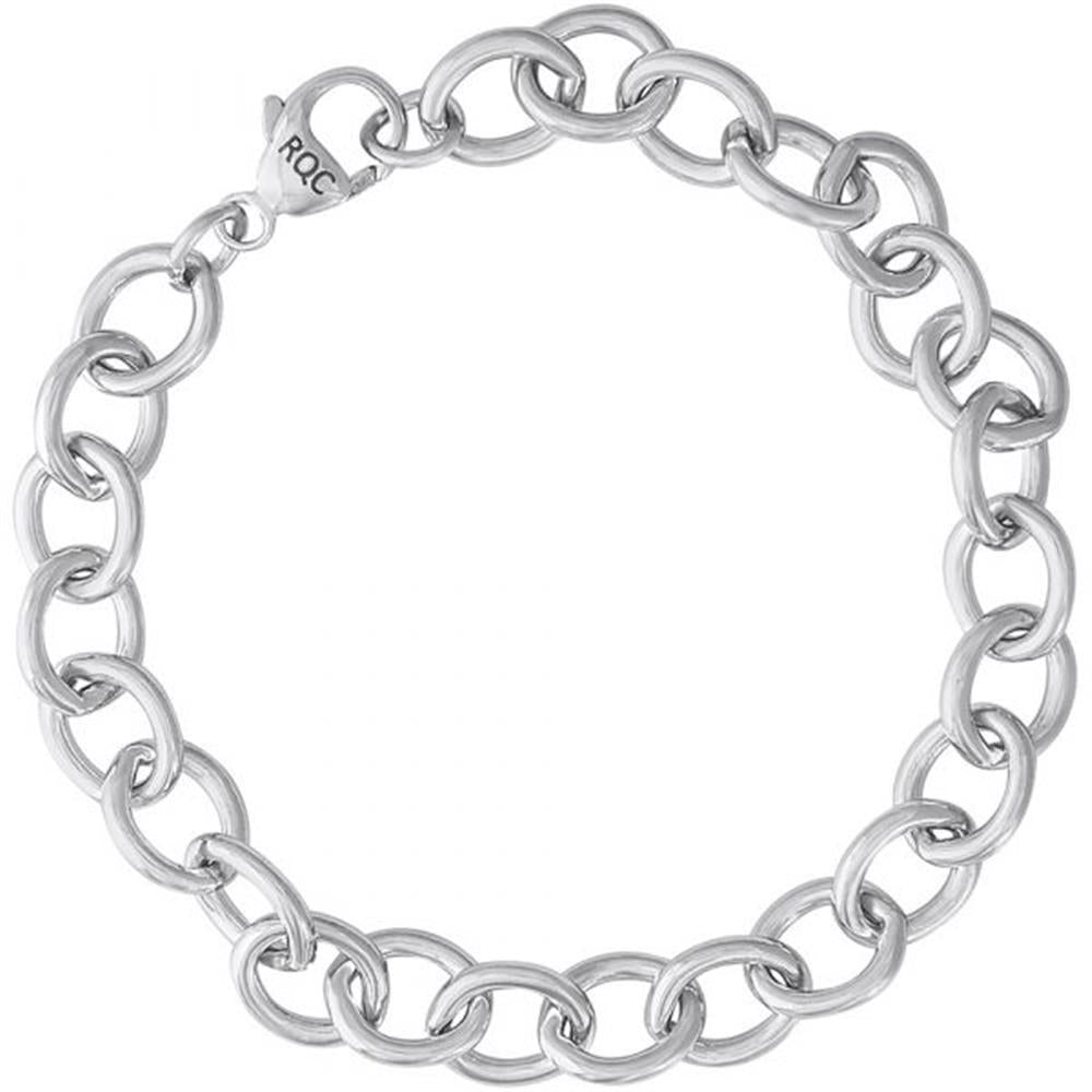 The Charm Bracelet by Rembrandt Charms is an 8-inch sterling silver piece with interlocking round links and a lobster clasp fastener marked "RCO." Its simple yet elegant design makes it suitable for both casual and formal wear.