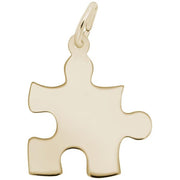 An image of the Rembrandt Charms gold-plated sterling silver Puzzle Piece Charm, featuring a small loop at the top for attachment. Designed as a versatile pendant or keychain accessory, this piece boasts rounded edges and an overall smooth finish.