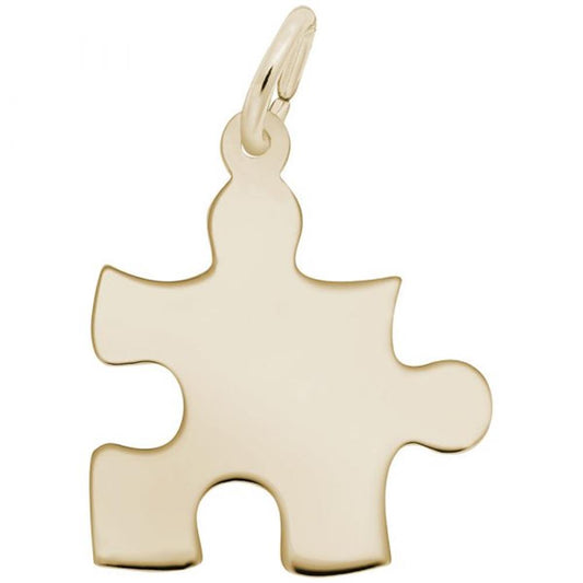 An image of the Rembrandt Charms gold-plated sterling silver Puzzle Piece Charm, featuring a small loop at the top for attachment. Designed as a versatile pendant or keychain accessory, this piece boasts rounded edges and an overall smooth finish.