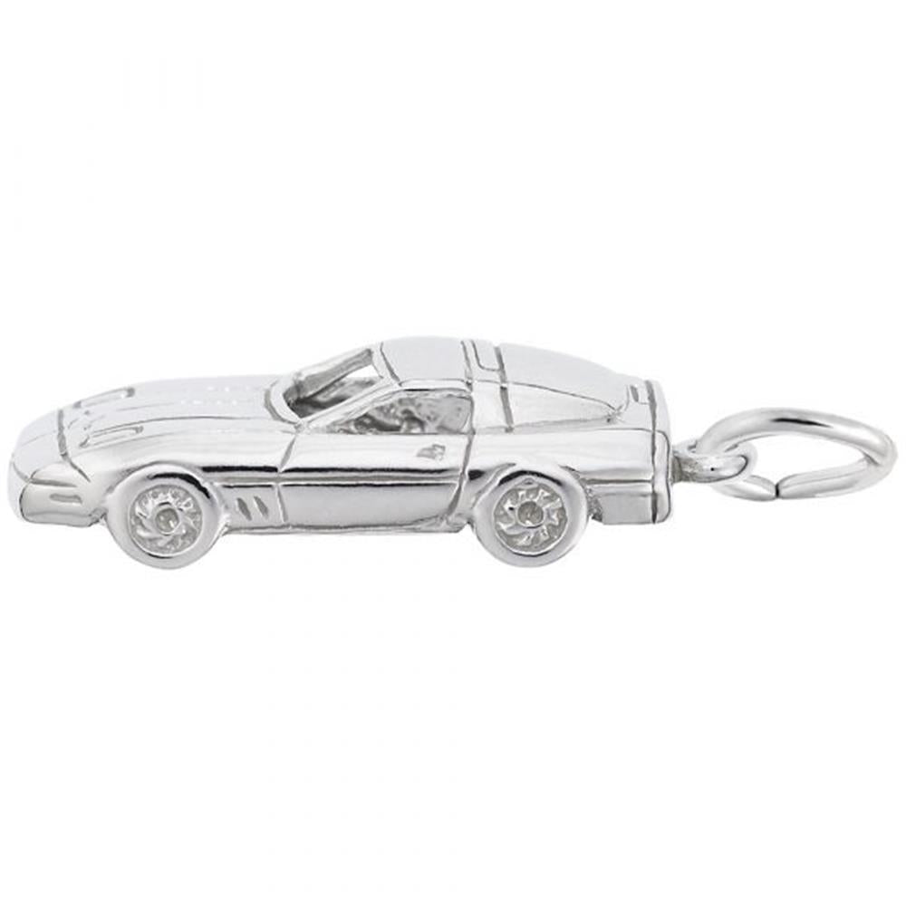 The Rembrandt Charms Late Model American Sports Car Charm in sterling silver features detailed elements such as wheels, headlights, and an aerodynamic design. Resembling a classic convertible, it makes the perfect accessory for any classic car enthusiast. It also includes a small loop for easy attachment.
