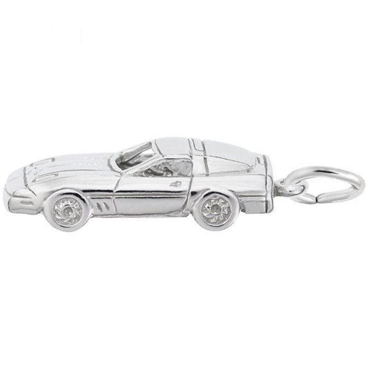 The Rembrandt Charms Late Model American Sports Car Charm in sterling silver features detailed elements such as wheels, headlights, and an aerodynamic design. Resembling a classic convertible, it makes the perfect accessory for any classic car enthusiast. It also includes a small loop for easy attachment.