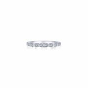 The Lafonn RG CL S.S. PT 0.9 CTW Baguette Stackable Band is a stunning silver eternity band, featuring rectangular-cut stones in a continuous, symmetrical pattern encircling the ring. Perfect for adding elegance when stacked, this piece is beautifully showcased against a white background.