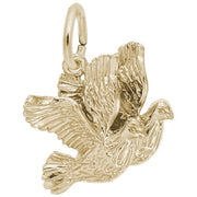 The Rembrandt Charms Turtle Doves Charm, crafted from gold-plated sterling silver, features two turtle doves with outstretched wings flying side by side. The charm is intricately detailed on the feathers and includes a small ring at the top for easy attachment to jewelry.