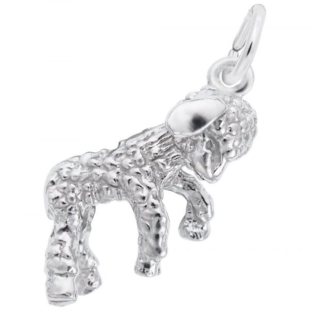 The Lamb Charm from Rembrandt Charms is crafted from sterling silver and showcases a standing lamb with detailed, textured fur. It includes a loop at the top for easy attachment to a necklace or bracelet.
