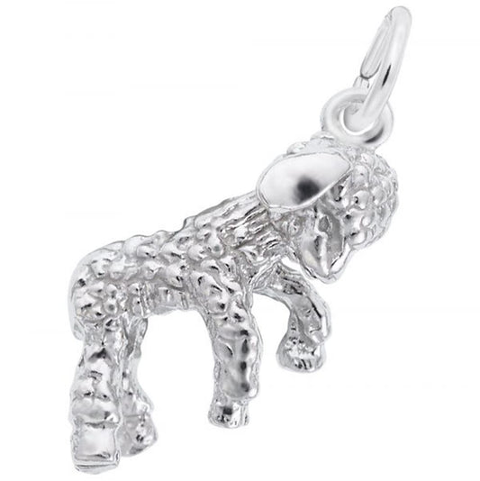 The Lamb Charm from Rembrandt Charms is crafted from sterling silver and showcases a standing lamb with detailed, textured fur. It includes a loop at the top for easy attachment to a necklace or bracelet.