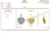 Design a custom heart-shaped "50th anniversary" pendant by Gabriel & Co, featuring intricate details, a highlighted "50" with "Anni di Eccellenza," specific dimensions and materials, including brand logo and contact info. Product: custom 50 ann. pendant w diamond.